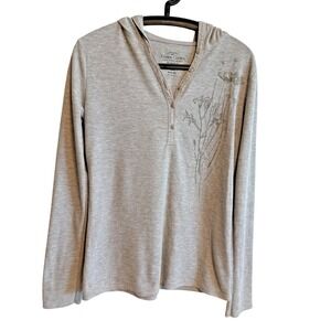 Faded Glory Womens Gray Long Sleeve Hooded Henley Waffle Knit Athleisure Casual